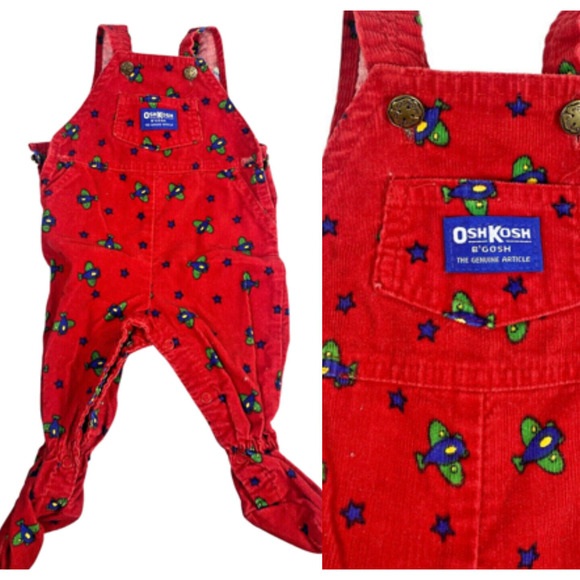 Oshkosh B'Gosh Baby Overalls 6-9M Baby Plane Airplane Corduroy Footed Vintage - Picture 1 of 12